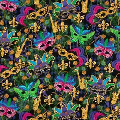 Mardi Gras Fabric Carnival Masquerade New Orleans Beads Feathers Cotton Material • $9.99