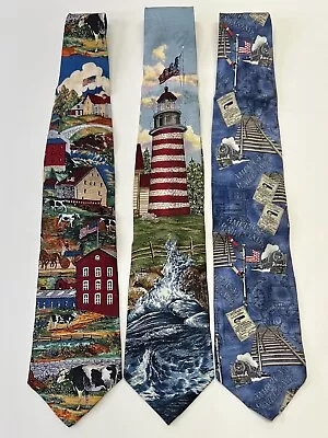 Lot Of 3 Ties Americana Series 100% Silk Lighthouse Country Train Railroad • $18.99