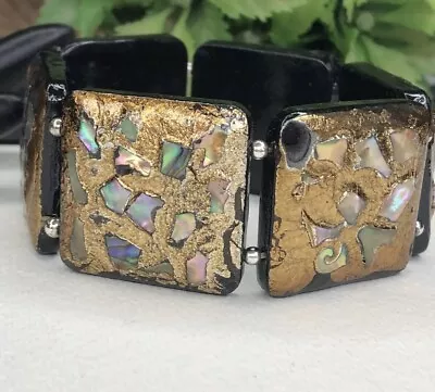 Vintage Black & Gold Abalone Inlay Panel Bracelet • $2.25