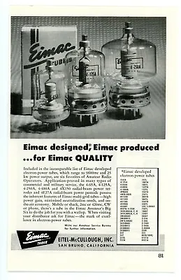 QST Ham Radio Magazine Print Ad For Eimac Electron-Power Tubes (2/1955) • $11.14