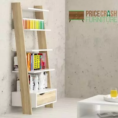 Oslo Home Office Living Room Leaning Ladder Bookcase 1 Drawer In White And Oak • £169