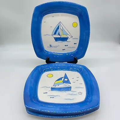 RARE J Willfred Seabreeze Leslie Sattler Square Nautical Sailboat Plates Set/4 • $48