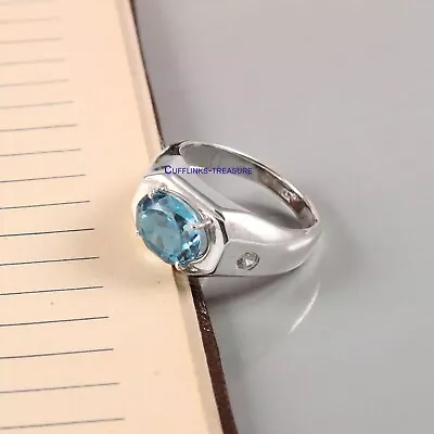 Natural Blue Topaz & CZ Gemstones With 925 Sterling Silver Ring For Men's #C555 • $80.75