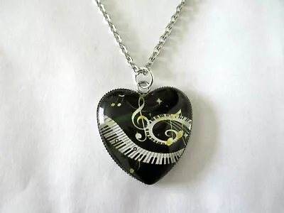 Stainless Steel Heart Music Piano Treble Clef Cabochon Glass Pendant Necklace25m • £5.49