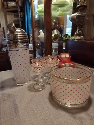 Rare Pink Polka Dot Vintage Glass Martini Shaker Set  Four Glasses Unique HTF • $745