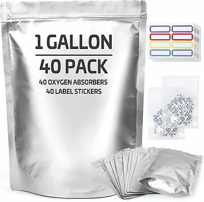 40pc Mylar Bags For Food Storage With Oxygen Absorbers Label Resealable 1 Gallon • $18.99