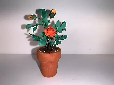 Potted Rose Bush 1:12 Scale Doll House Miniatures Orange Blossoms Wood Pot 2.5” • $19.99