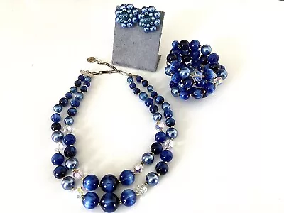 Vintage Lisner Blue Bead AB Necklace Wrap Bracelet & Clip On Earrings (Set) • $35