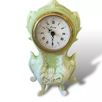 Vintage Mini Mantel Wind Up Clock Germany White & Green Ceramic • $44