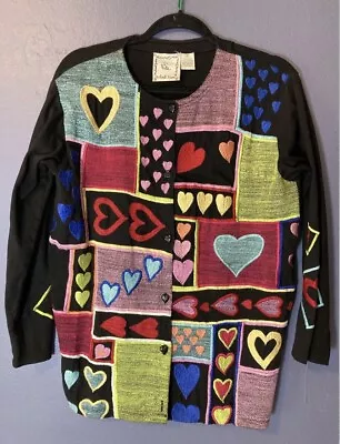 Vtg Michael Simon Heart Embroidered Cardigan Sweater Sz M Valentine Fun Holiday • $39.99