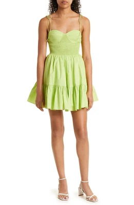 $199 • Buy Staud Landry Smocked Bustier Tiered Skirt Tie Strap Mini Dress L Lime Green NEW