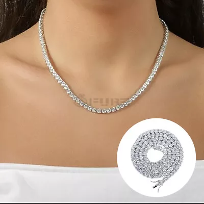 Diamond Iced Out Tennis Chain 4MM Round Silver Stainless Steel 18 Inch Necklace • £6.99