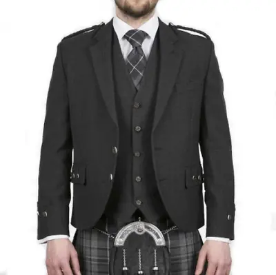 £69.99 • Buy Scottish Argyle Kilt Jacket & Vest  Charcoal Grey Pure Wool Men' Wedding Jacket 