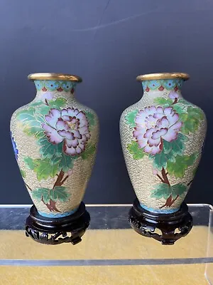 Pair Vintage Chinese Cloisonne Vases  Tan Cloisonne Pink Flowers Meiping Vases • $70
