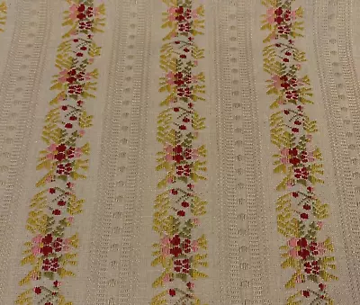 Vintage Beige Upholstery Drapery Fabric With Vertically Embroidered Flowers BTY • $21.75