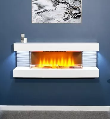 £499.99 • Buy Large Electric Fire White Wall Mounted Remote Fireplace Led Flame Logs 48  Long