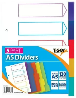 Tiger A5 5 Part File Dividers Coloured Plastic Index Sheet Multi Punched3 • £2.70