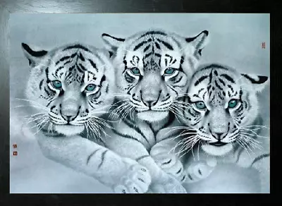 BLACK FRAMED WHITE TIGER CUBS - 3D TIGER PICTURE 425mm X 325mm • £14.95