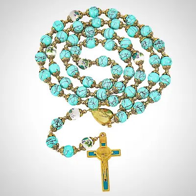 St. Benedict Turquoise Rosary Beads Catholic Necklace Flowers Mystery Beads • $17.78