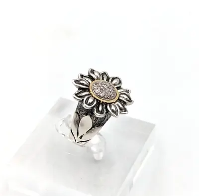 Affinity 925 Sterling Silver 14K Gold Pave Diamonds Sunflower Ring QVC Sz 6 • £138.98