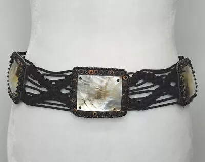 Vintage Macrame Belt With Seashells Black Woven Tie • $19.99