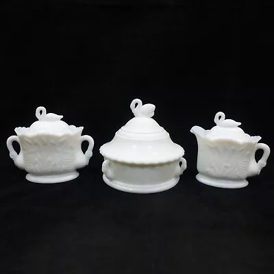 Vintage WESTMORELAND Milk Glass SWAN/CATTAIL Sugar Bowl Creamer Butter Dish SET • $60