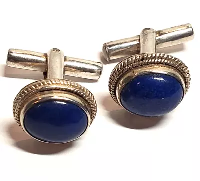 Vintage Solid STERLING 925 SILVER Natural Blue Lapis Lazuli Cuff Links 9 Grams • $31.50