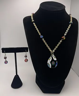 Vintage Murano Millefiori Venetian Glass Necklace Pendant W Similar Earrings • $14.99