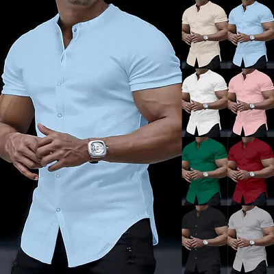 Mens Button Down Short Sleeve Solid Shirts Casual Muscle Slim Fit Tops Tee Shirt • £3.59