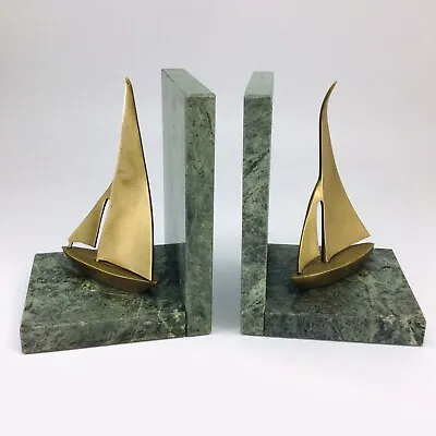 Vintage Brass Marble Sailboat Bookends Boat Green Heavy Set Of 2 • $34.99