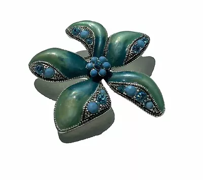 Monet Vintage Green Enamel Blue Rhinestone Flower Brooch Signed Silver-Tone • $20