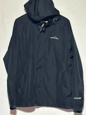 ~~EDDIE BAUER Weather Edge RAIN Jacket Men L BLACK Full Zip Hike Hood..VGC!! • $12.50