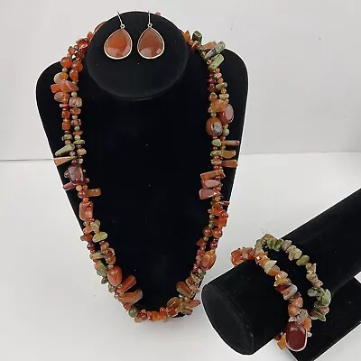 Carnelian Unakite Necklace 2-Bracelet Earring Set Polished Chip Beaded 14K GF • $36.99