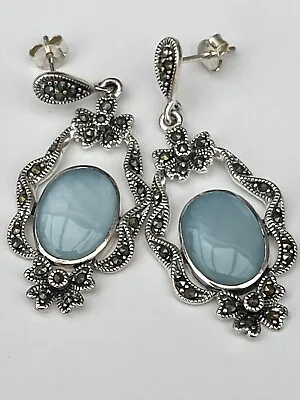 Blue Mother Of Pearl And Marcasite Earrings Sterling Silver • £22.90