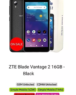 ZTE Blade Vantage 2 16GB Unlocked Verizon/T-Mobile/Straight Talk/Consumer/Metro  • $100