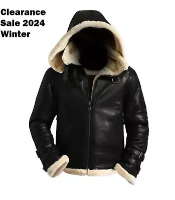 B3 Mens Real Bomber Classic Faux Fur Removable Hood Genuine Leather Black Jacket • £50