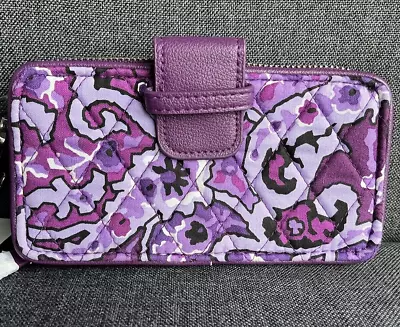 Vera Bradley RFID Wristlet Wallet Phone Case ID Slot Zip Snap Lilac Paisley RARE • $35