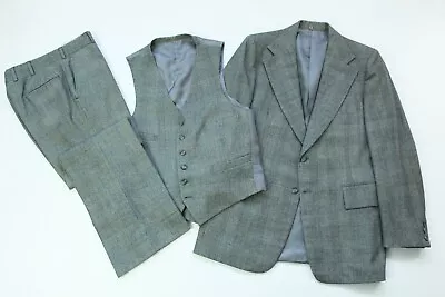 VTG 70s Glen Plaid Gray Wool Flannel Flared 2 Button 3 Piece Suit Sz 40 USA Made • $121.49