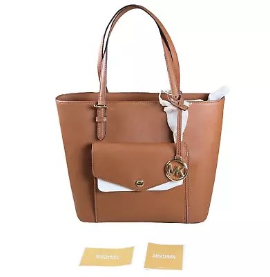 NWT MICHAEL KORS Jet Set Medium Saffiano Leather Pocket Tote Brown Bag • $129.99