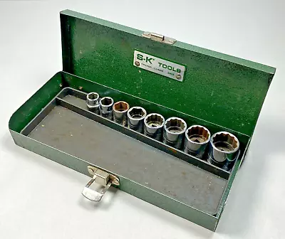 Vintage S-K Tools Green Metal Toolbox 9  X 3-1/2  -w/ 8 Sockets 3/8  Drive USA • $49.95