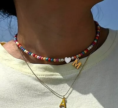 £8.65 • Buy Color Bead Initial Choker Stainless Steel Letter Necklace Boho Style Accessories