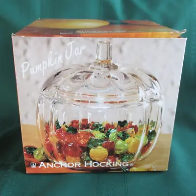 Vintage 1996 Anchor Hocking Clear Glass Pumpkin Jar & Lid Cookie Candy Canister • $19.95