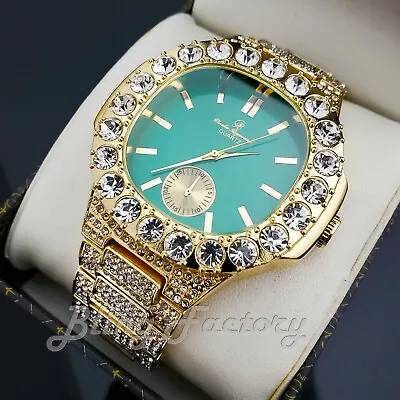 Men's Iced Luxury Green Dial Bling Gold Finished Big Lab Diamond Bracelet Watch • $27.99