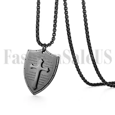 Mens Stainless Steel Bible Lords Prayer Sheild Pendant Charm Necklace Chain Gift • $11.99