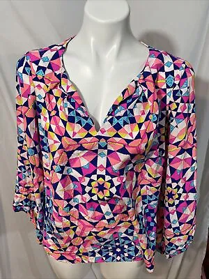 Alice & Trixie S Silk Pink Geometric Womens Blouse Top Blue Bright Small • $39.99