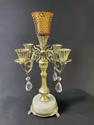 Vintage Marble Base Candelabra 4 Arm 5 Candle Gold Cast Metal Prisms  Victorian • $49.99