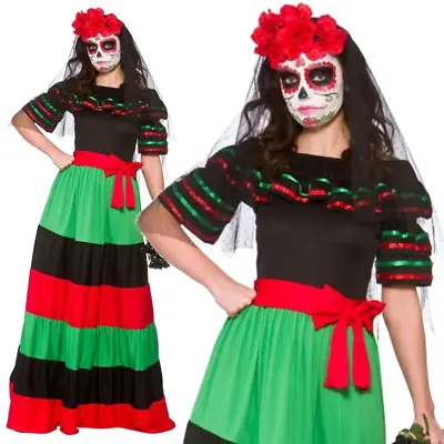 Day Of The Dead Senorita Ladies Spanish Halloween Fancy Dress Costume XS-XL • £21.99