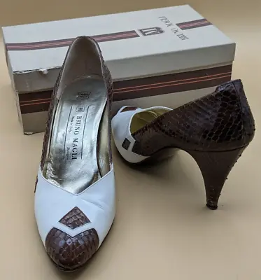 Vintage BRUNO MAGLI Women's Brown Snakeskin & Cream Pumps 3  Heel Size 9AA W Box • $34.98