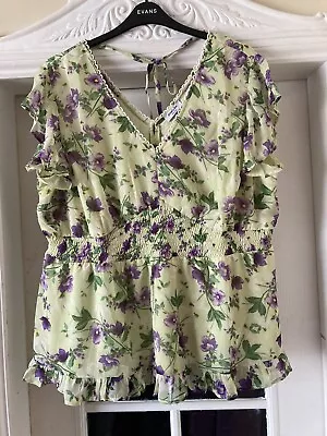 *BNWT* Size 24 Simply Be Green Floral Floaty V Neck Peplum Top With Back Tie • £13.99