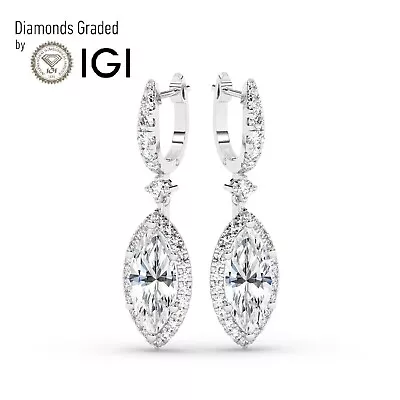 Marquise 6 Ct Solitaire Halo 18K White Gold Hoops Earrings Lab-grown IGI • $5330